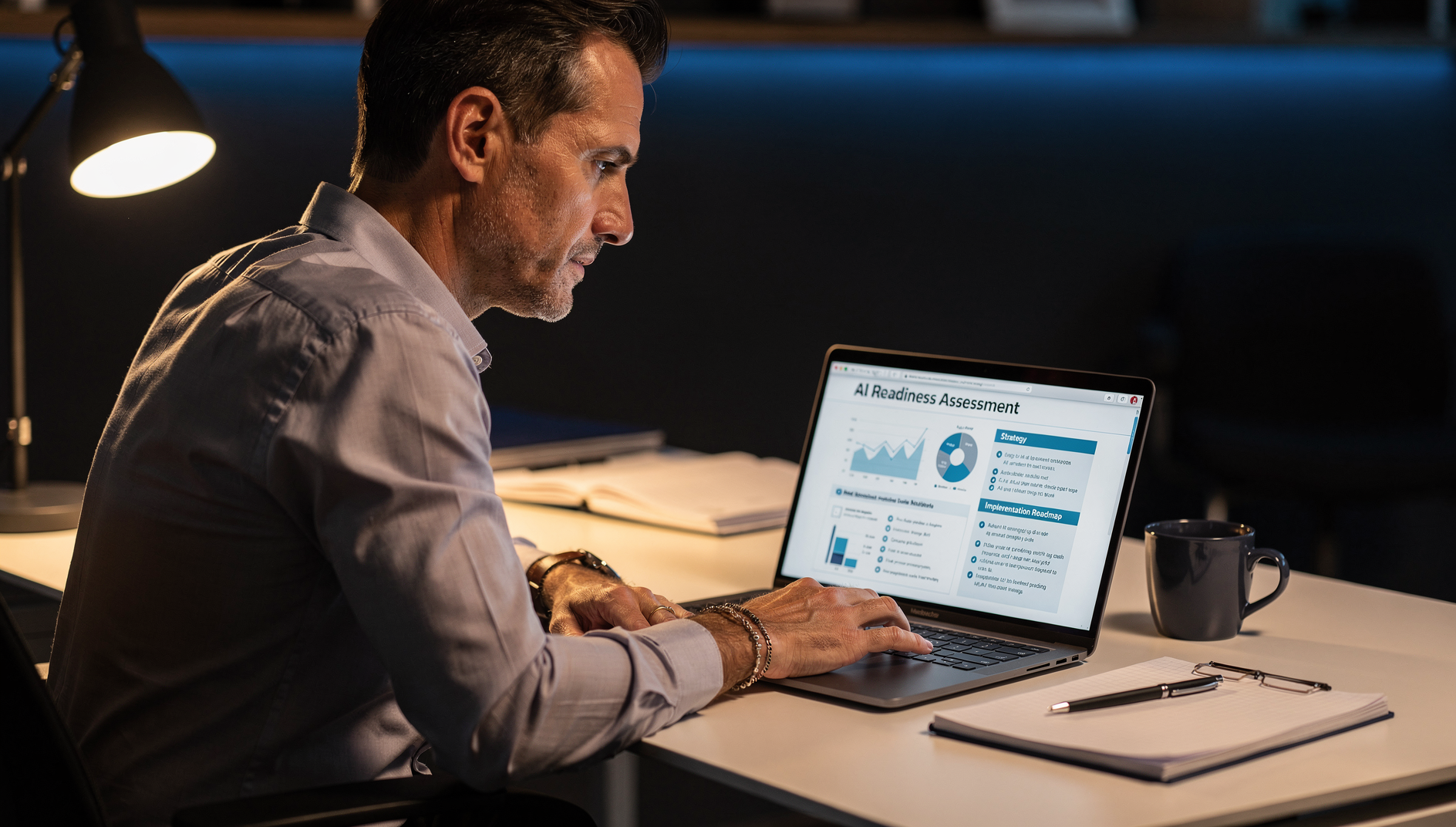 Small business owner reviewing an AI readiness assessment report on a laptop