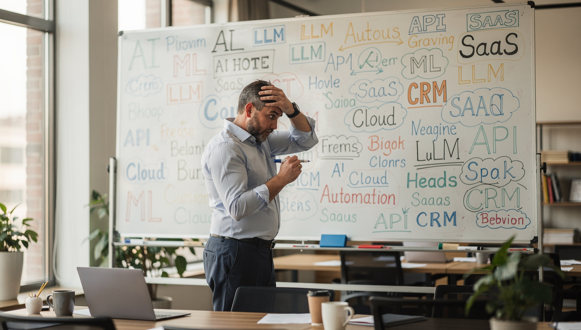 A small business owner overwhelmed by AI decisions and technology choices
