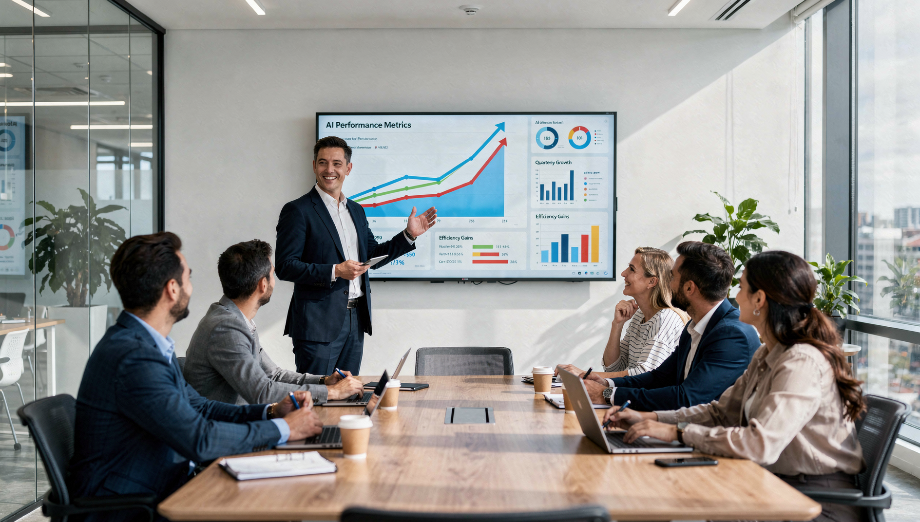 Business consultant presenting AI implementation results to a small business team