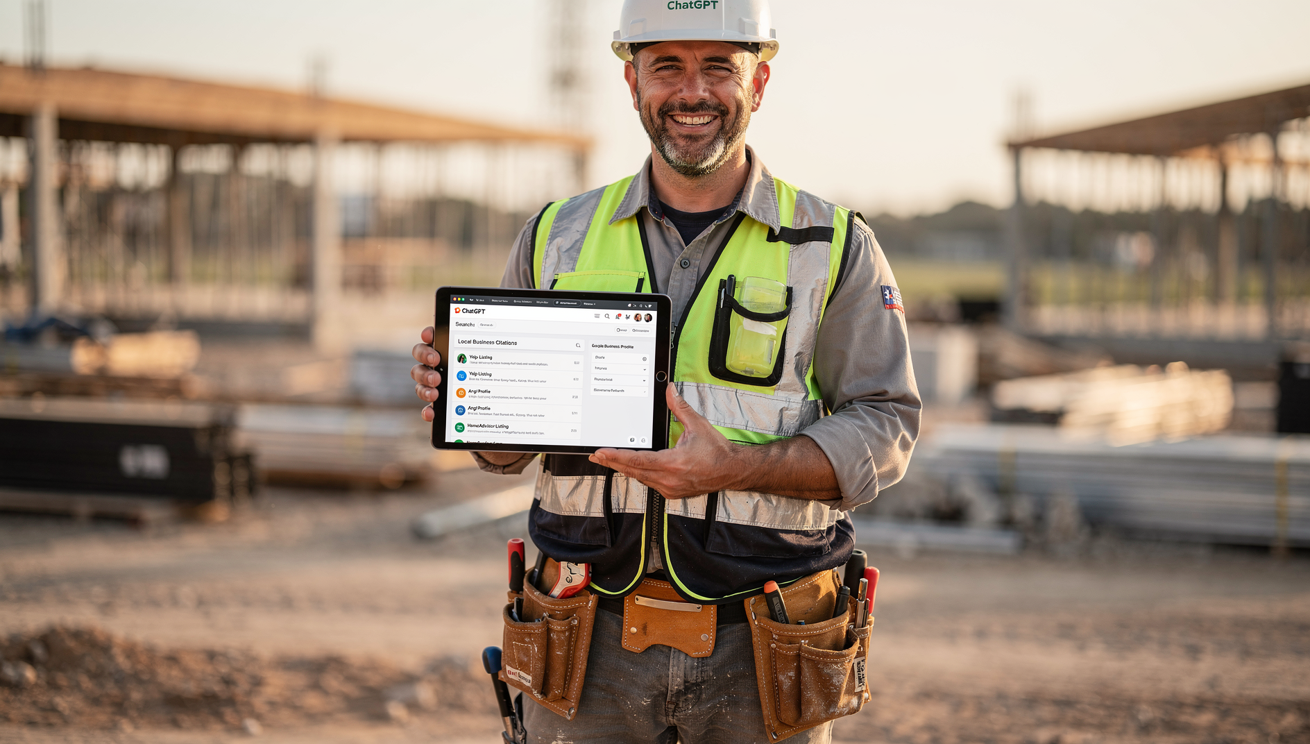 Tradesperson on a job site reviewing AI search results on a tablet