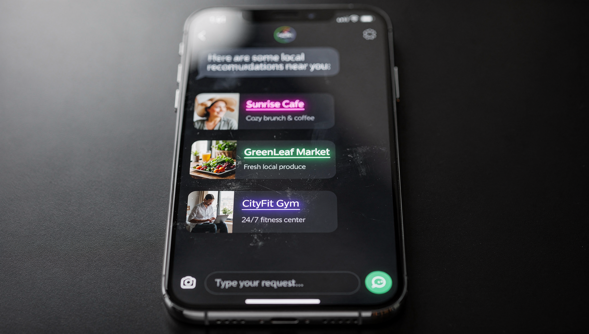 A smartphone showing an AI chat interface recommending local businesses