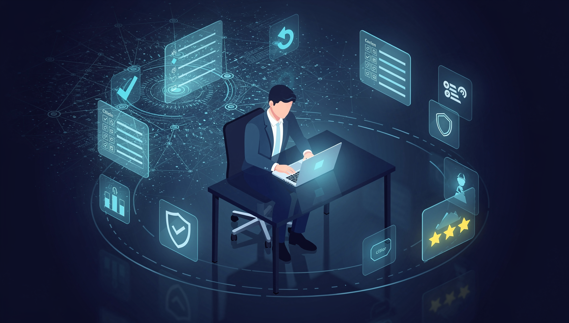 A person building authoritative content surrounded by structured data and trust signals