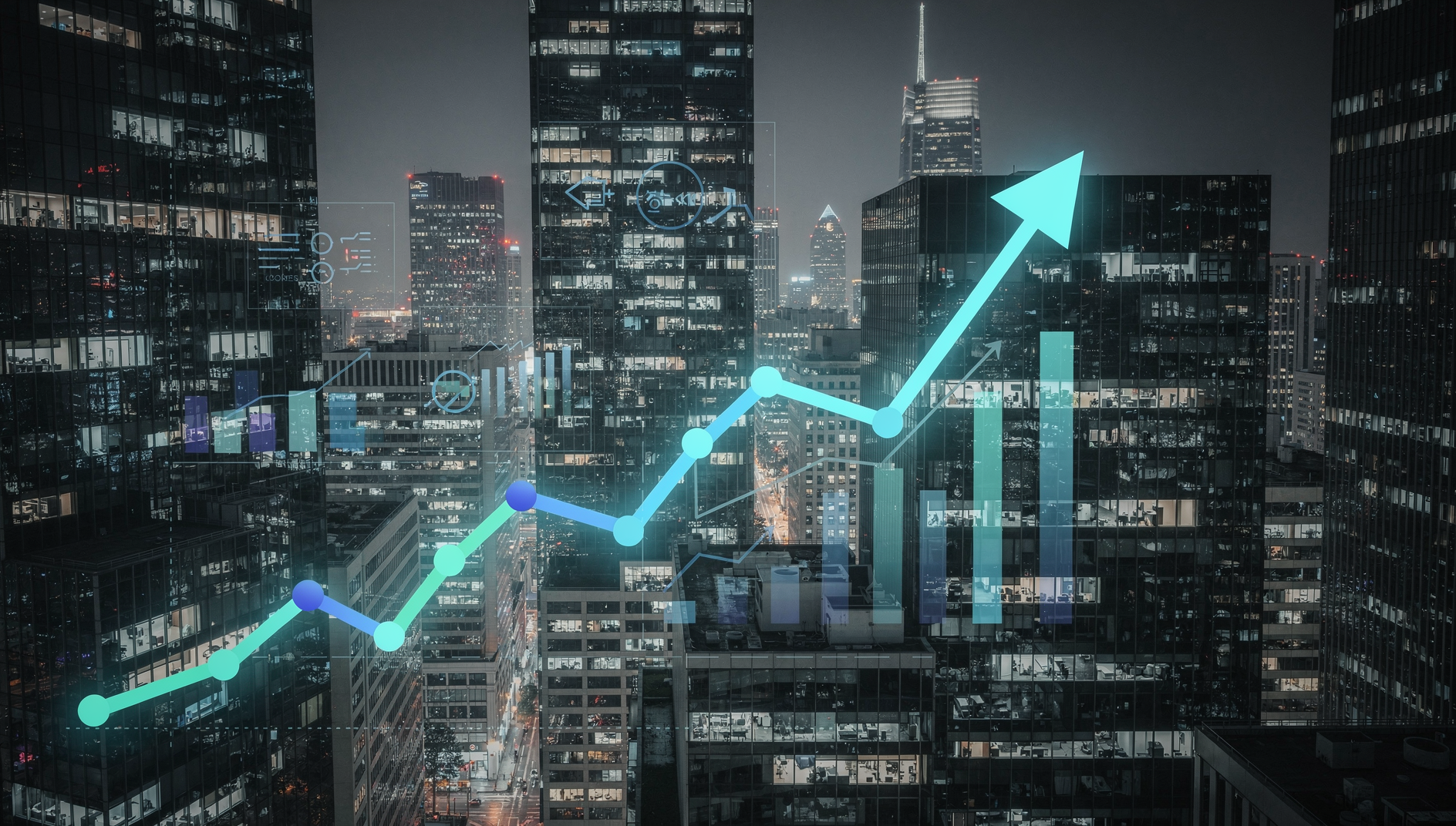An upward trending graph over a city skyline representing growing AI search visibility
