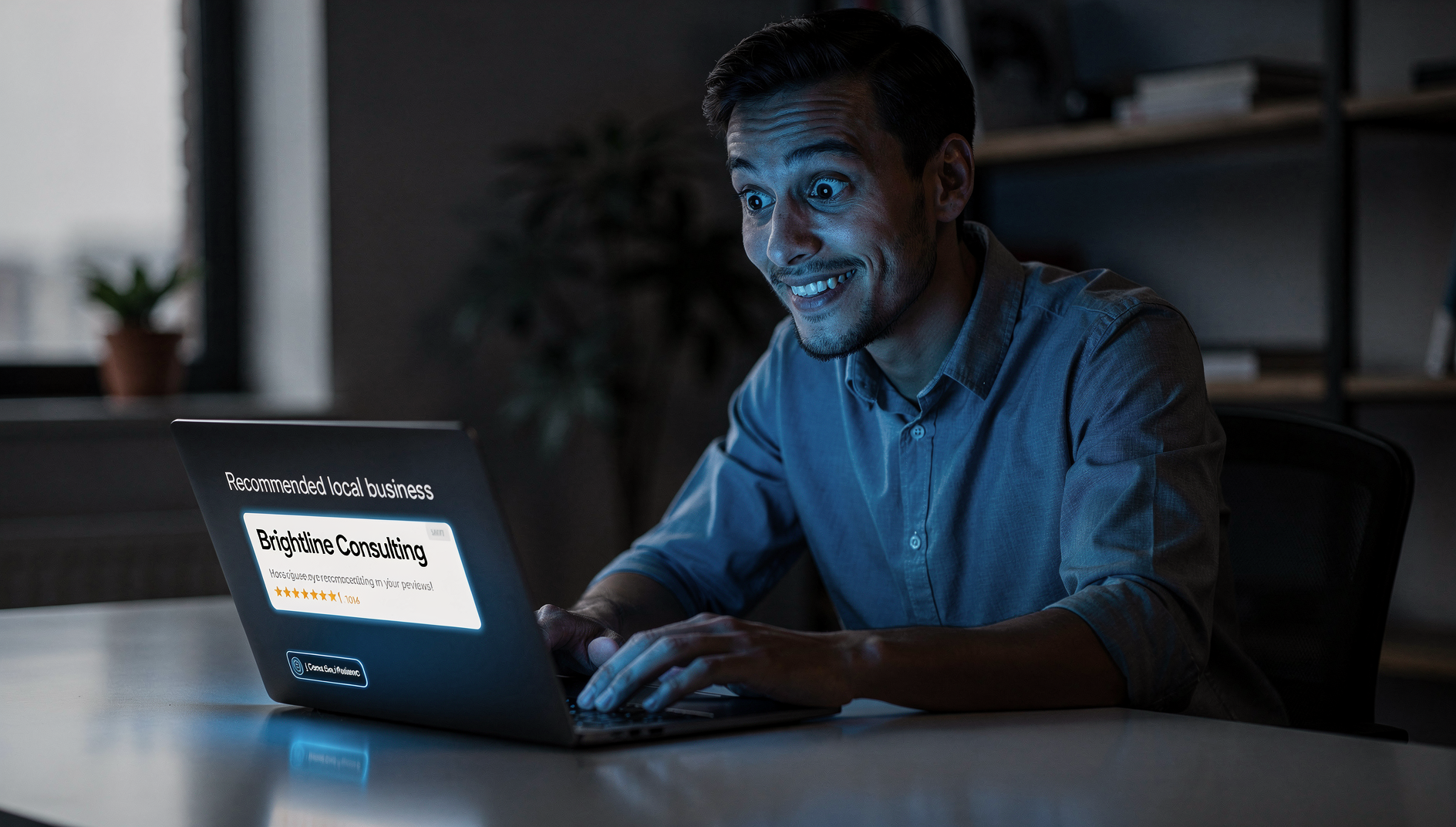 Business owner seeing their company recommended by ChatGPT on a laptop screen