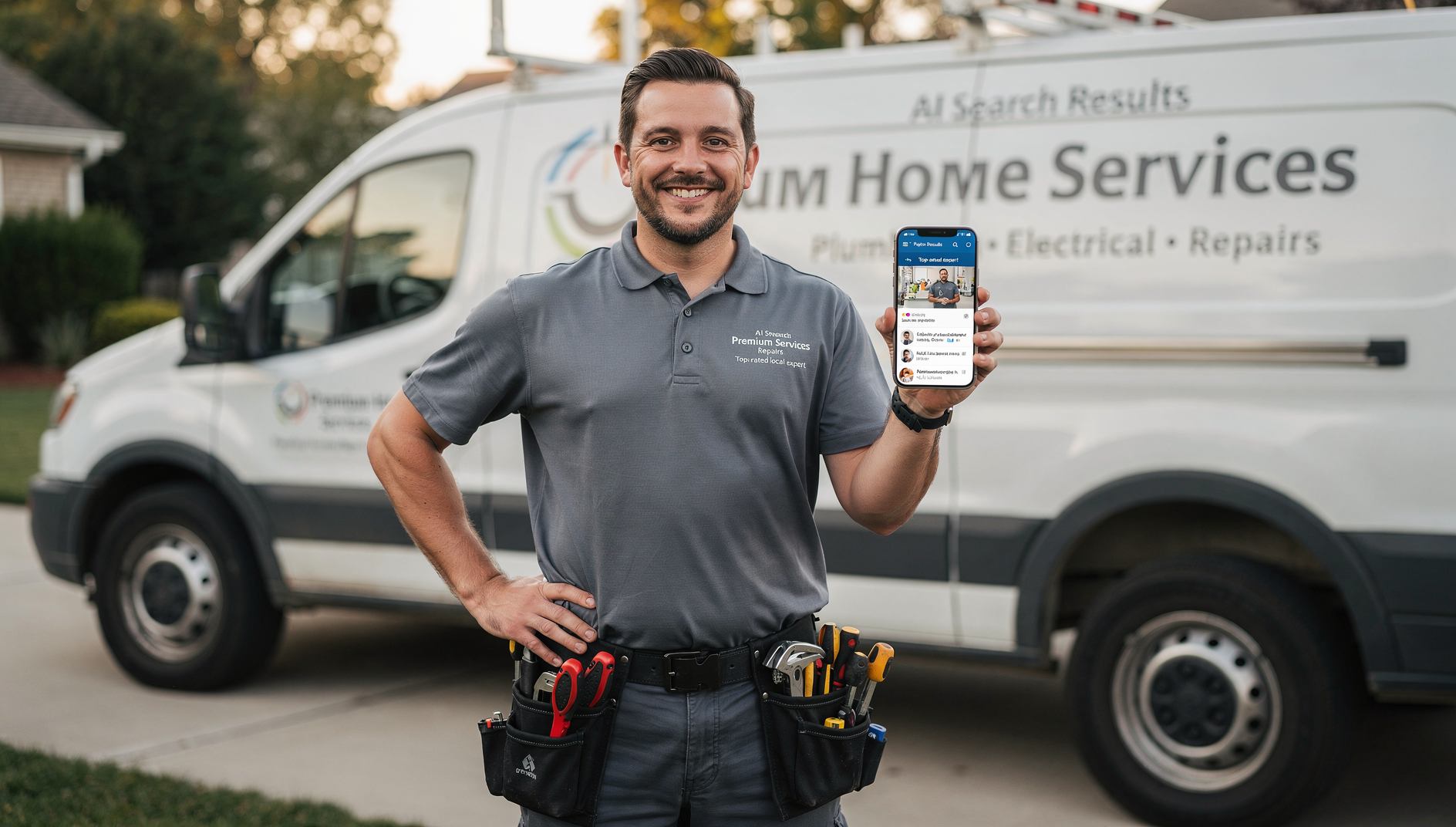 A tradesperson holding a phone showing their business cited in AI search results