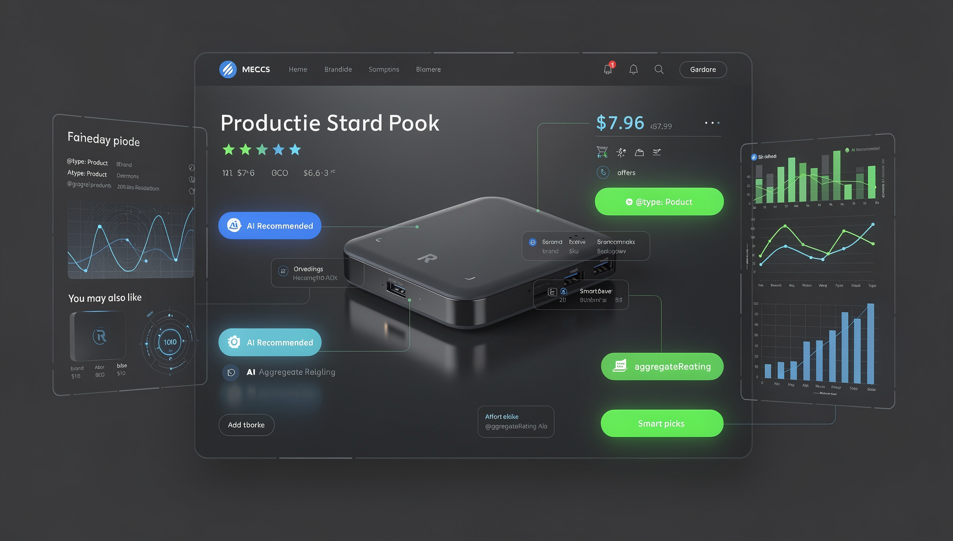 Ecommerce product page with AI recommendation badges and structured data schema markup