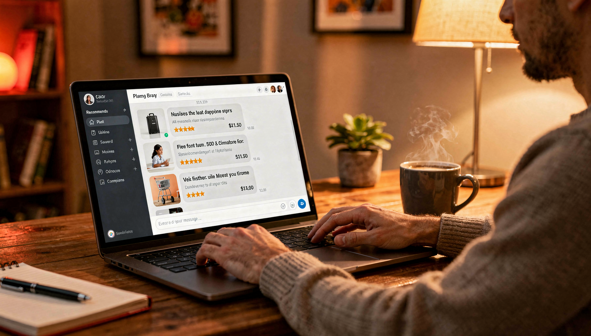 Online shopper using an AI assistant to get product recommendations on a laptop