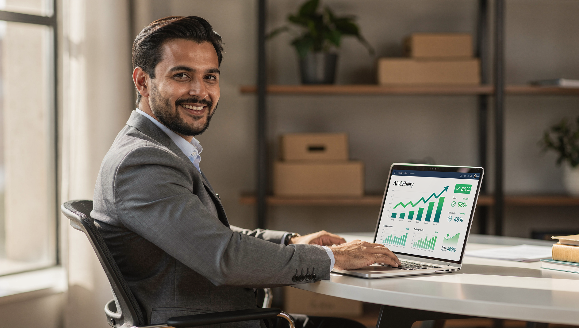 Ecommerce store owner reviewing strong AI visibility results and sales growth on a laptop