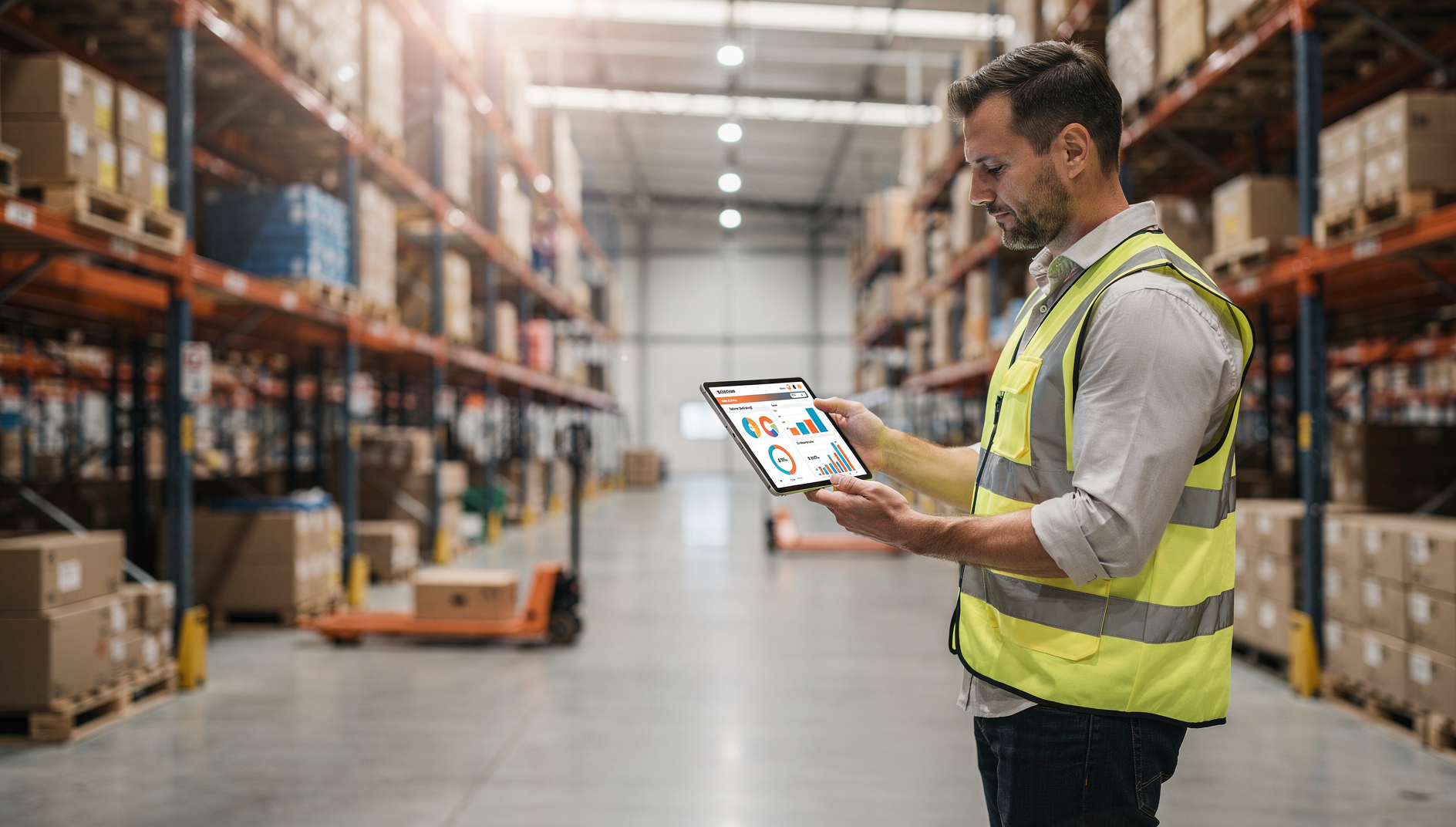 Ecommerce warehouse owner reviewing AI analytics and visibility metrics on a tablet