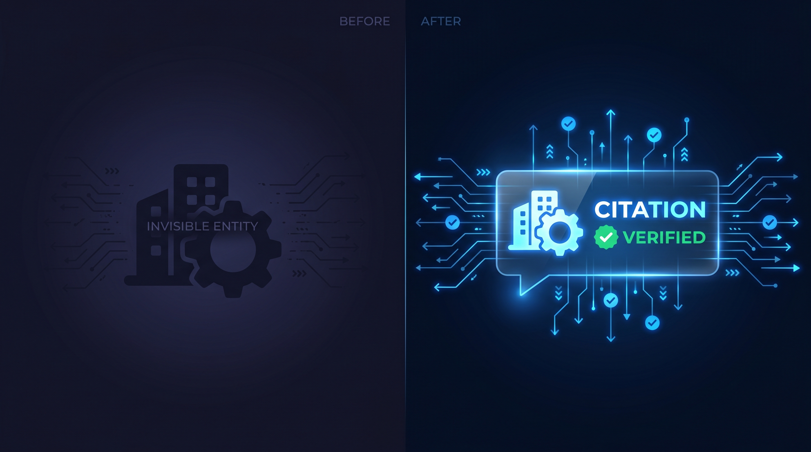 Split visualisation showing a business entity invisible in dark AI interface on the left, then glowing brightly as a verified citation in a ChatGPT-style interface on the right, representing the before-and-after of GEO implementation