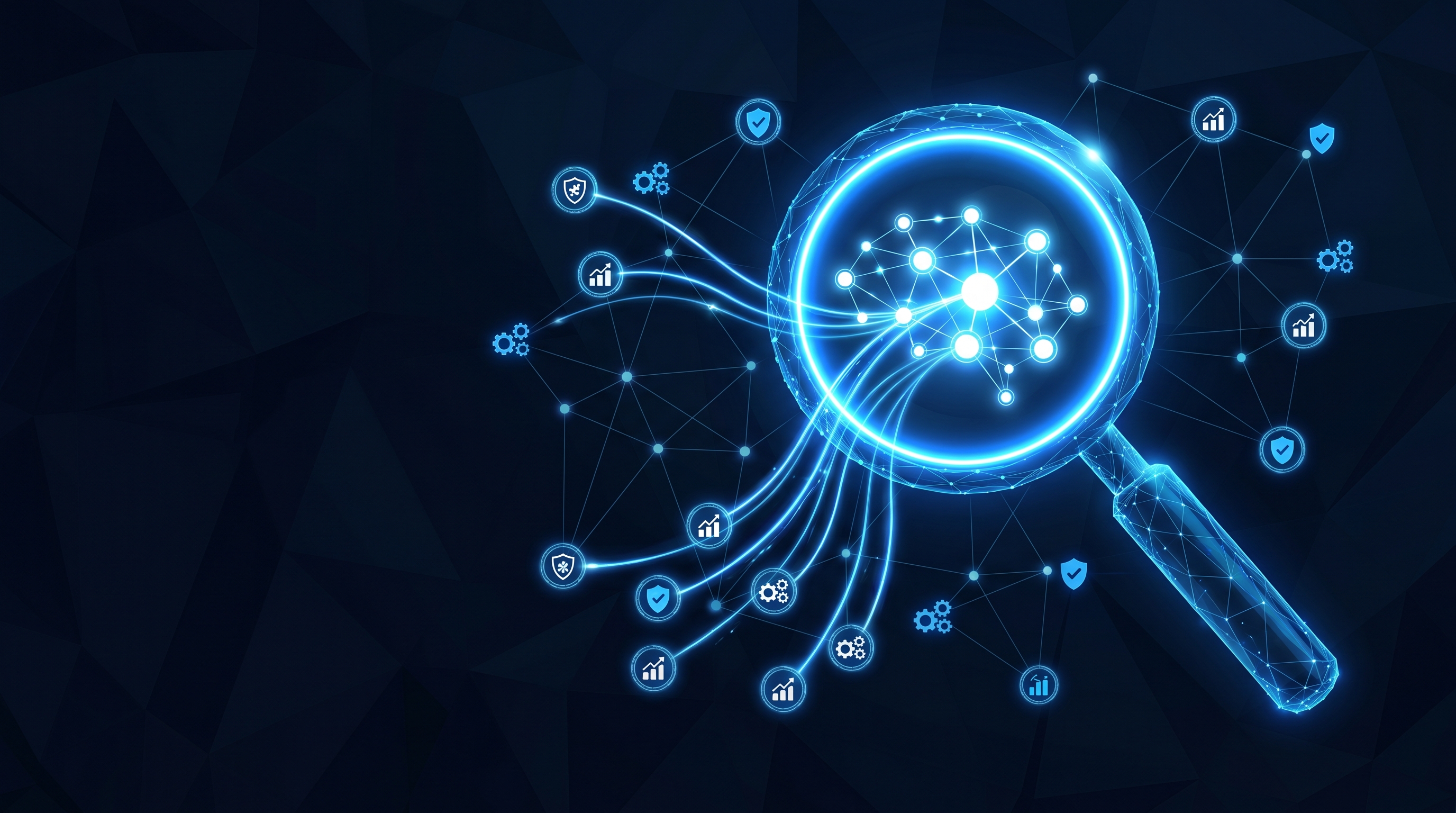 Abstract dark navy visualisation of a glowing blue magnifying glass evaluating and selecting from a constellation of AI agency nodes, representing the process of choosing a credible generative engine optimization agency