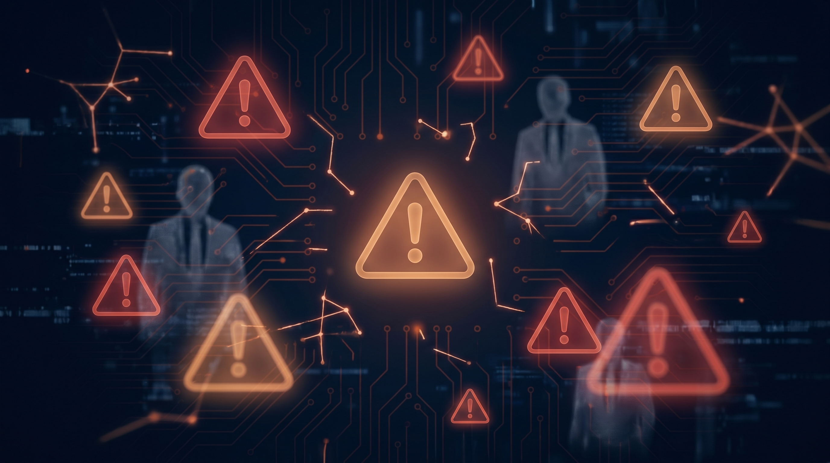 Dark navy abstract visualisation of glowing amber and red warning triangles floating in a broken AI interface environment, representing the warning signs of an unqualified GEO agency