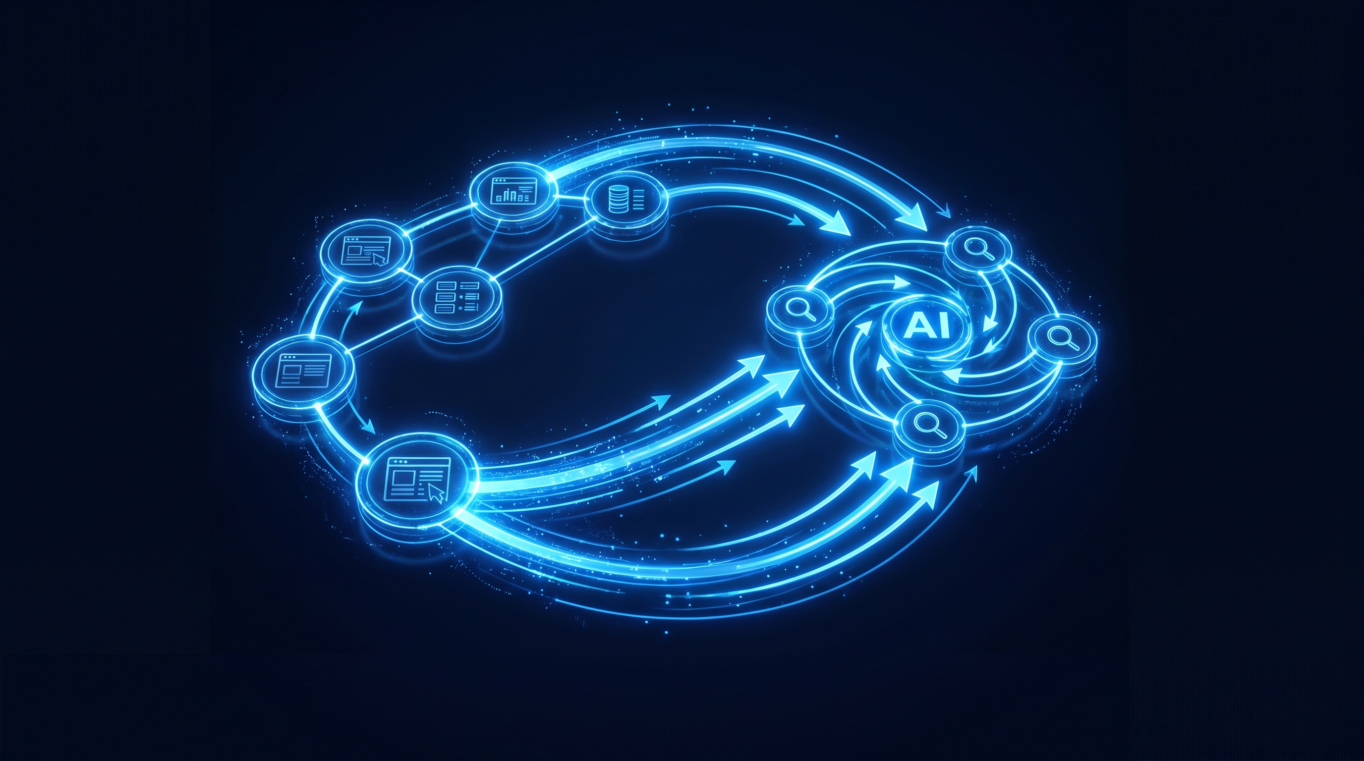 Dark navy abstract circular diagram showing a glowing self-referential citation cycle — agency website nodes feeding into AI search interfaces which reference back to the same sites, representing the listicle loop in GEO agency citations