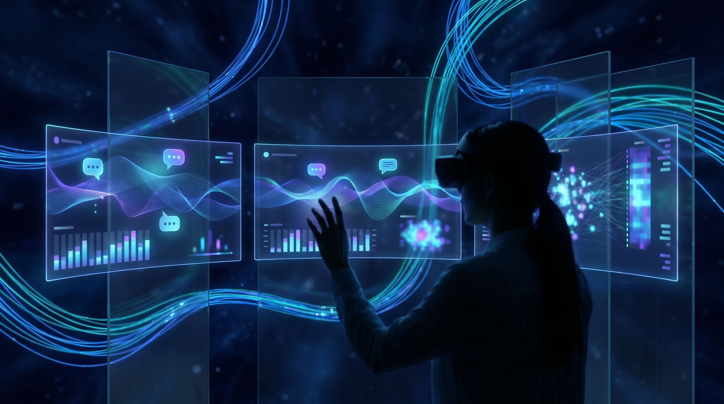 Abstract dark navy visualisation of a researcher examining glowing data streams from three AI platform panels, each showing different citation frequencies — representing the process of testing buyer queries across ChatGPT, Perplexity, and Gemini