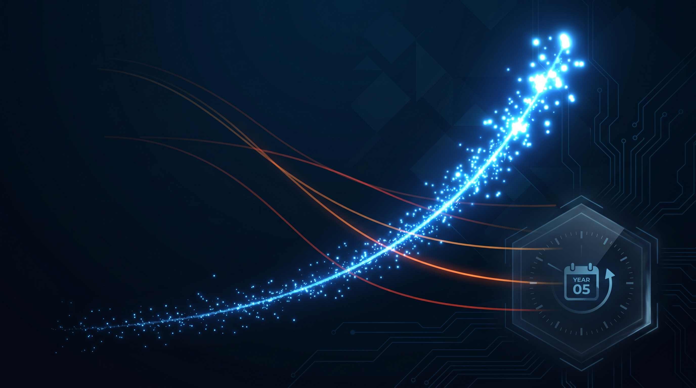 Abstract data visualisation showing the compounding advantage of early GEO adoption, with an exponential growth curve of AI citations building over time against a dark navy background with glowing blue data nodes