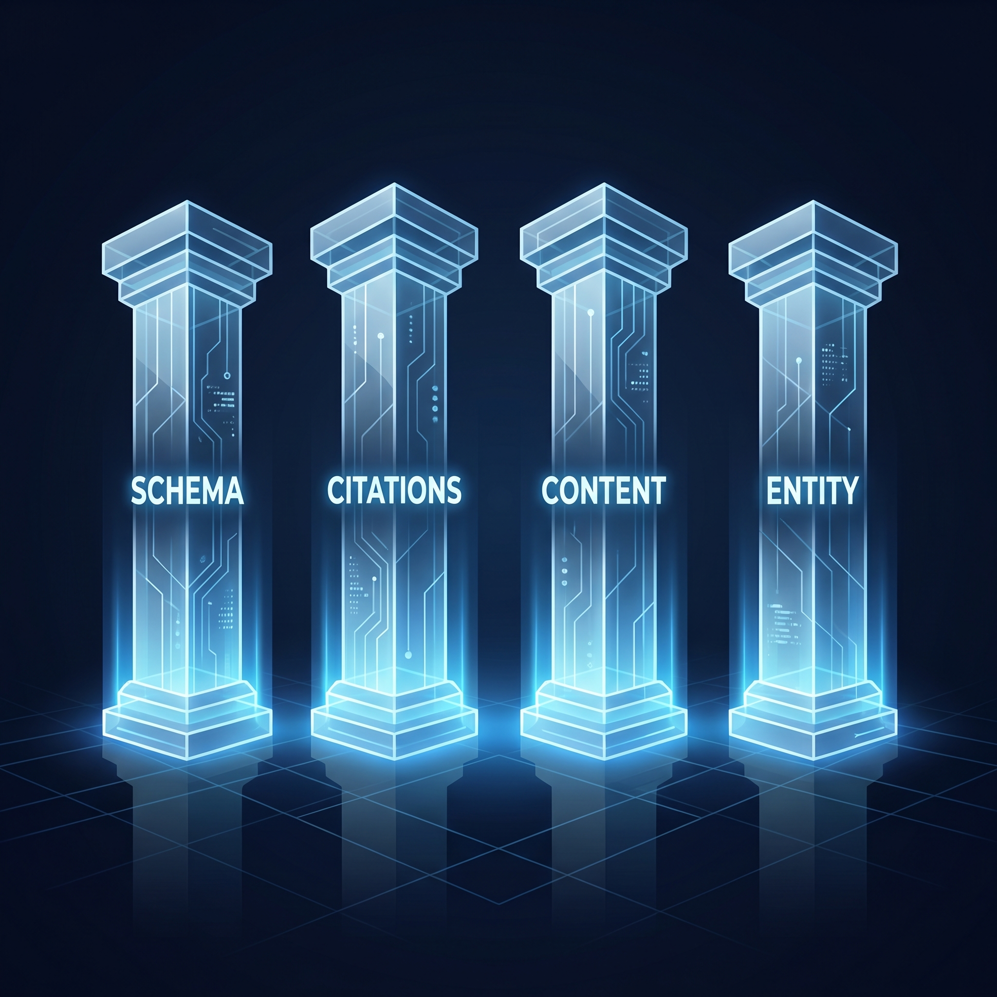 The four pillars of Generative Engine Optimisation illustrated as glowing architectural columns: Schema, Citations, Content, and Entity recognition