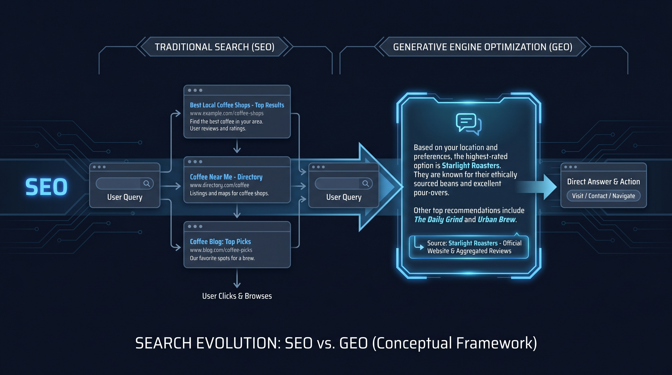 Conceptual diagram comparing the traditional SEO path of blue-link search results with the GEO path of AI-generated answers citing specific businesses