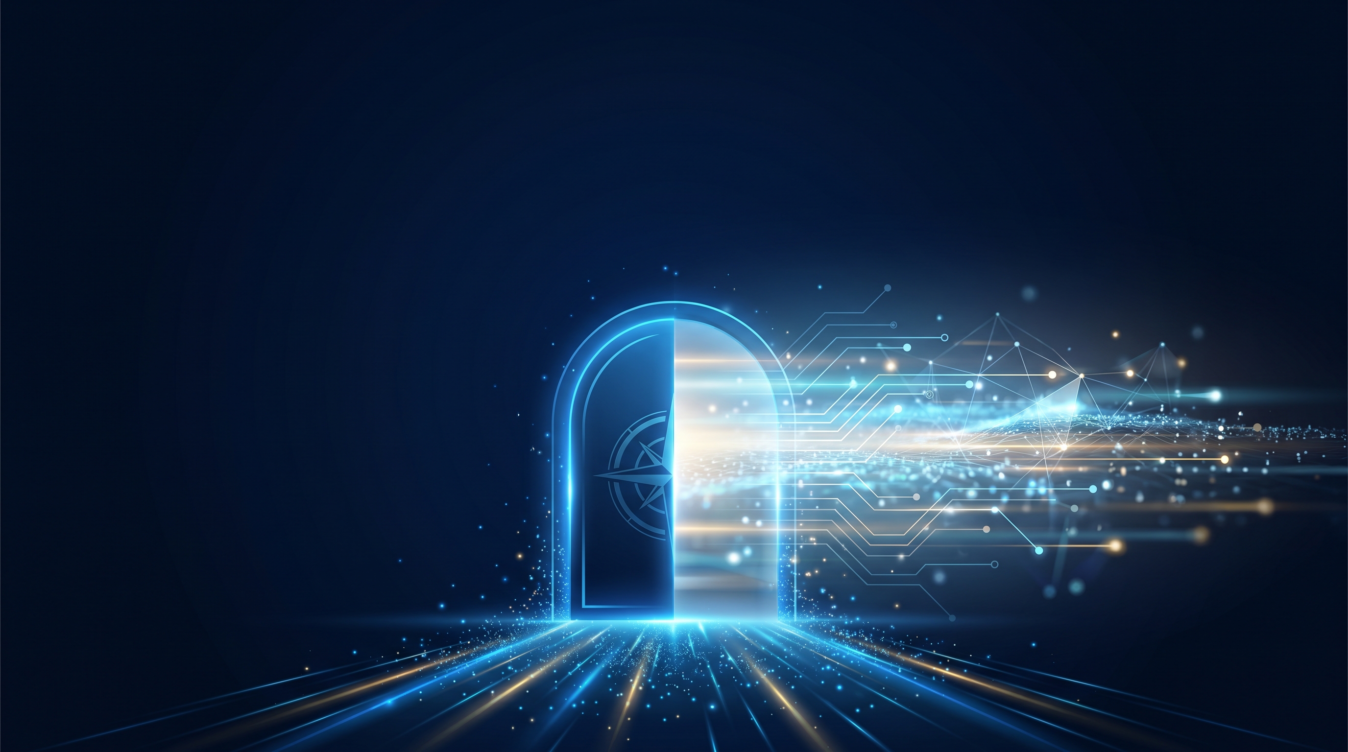 Abstract digital illustration of a glowing blue doorway opening onto a horizon of luminous data nodes, representing the first step into GEO implementation for a business