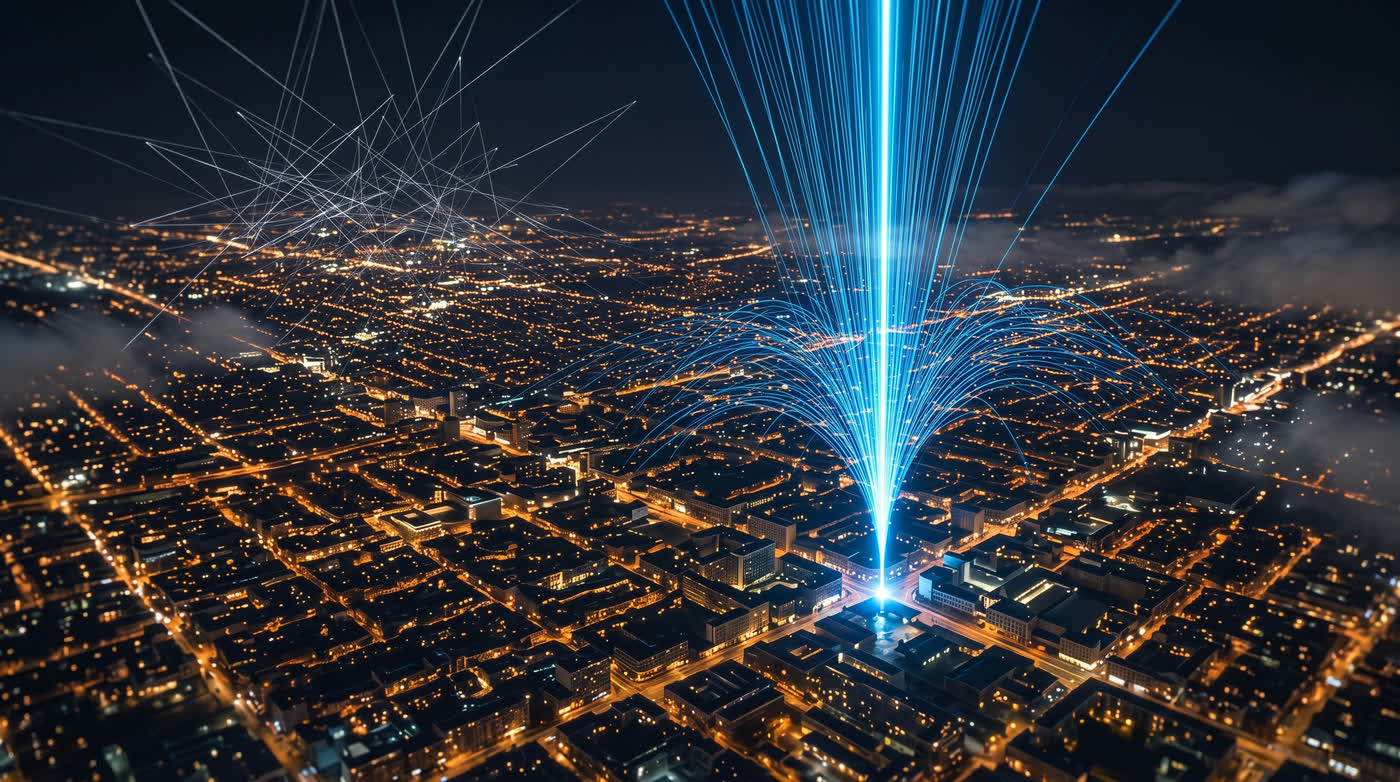 A city at night seen from above: on one side many faint white lines scatter in every direction, on the other many blue arcs merge into one beam of light landing on a single building