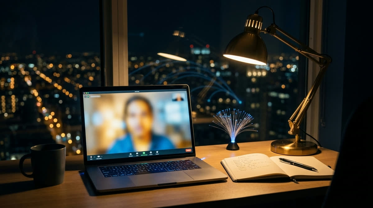 Video call with an AI consultant on a laptop at night, with notes on a shortlist: how to choose an AI consultant in Ireland