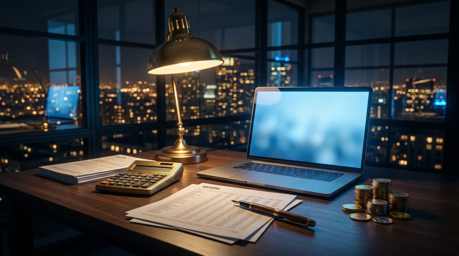 How much an AI consultant costs: a calculator, a printed quote, coins and a laptop on a small business desk at night