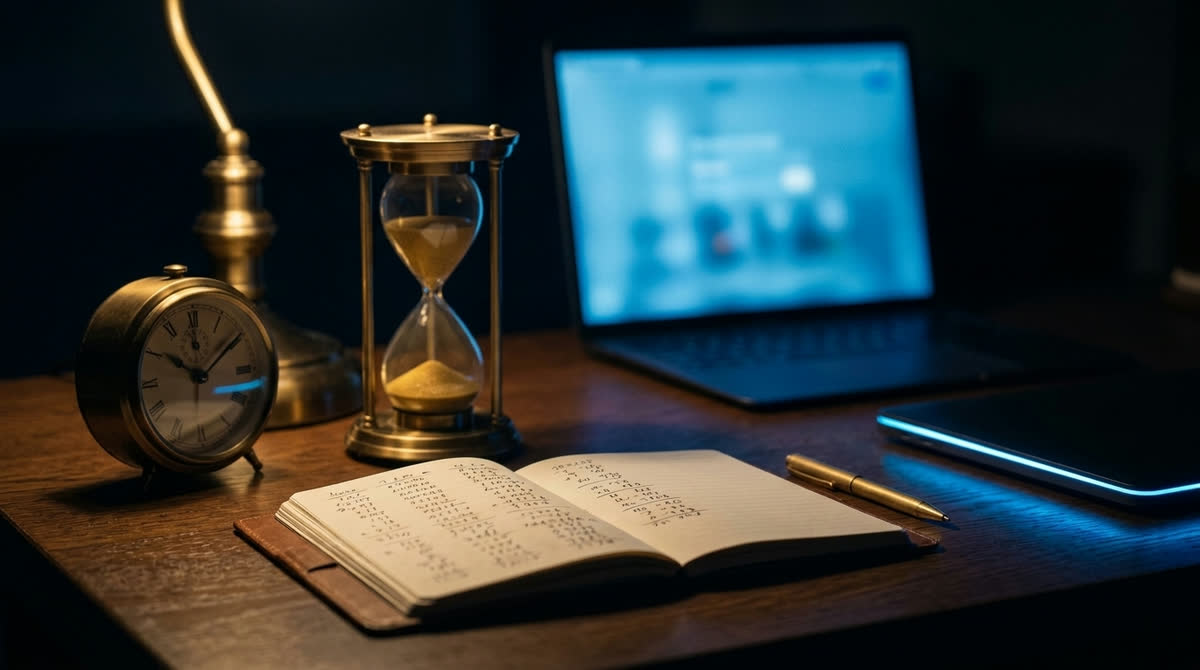 A desk clock and an hourglass beside a notebook of figures: what an AI consultant charges per hour