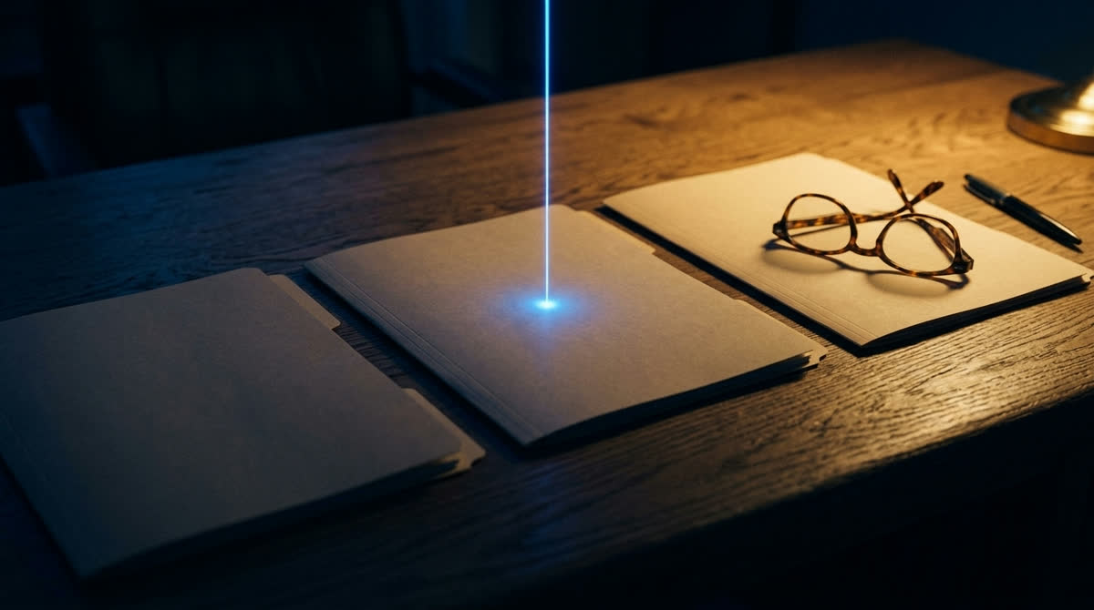 Three AI consultancy shortlists on a table, one picked out by a blue beam of light: how we chose the best AI consultants in Ireland