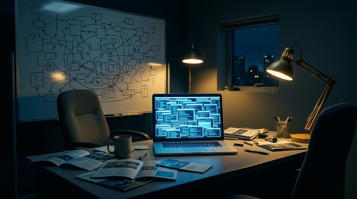 Small business owner's office at night with a whiteboard of tangled AI options and a laptop full of open windows: too many AI choices
