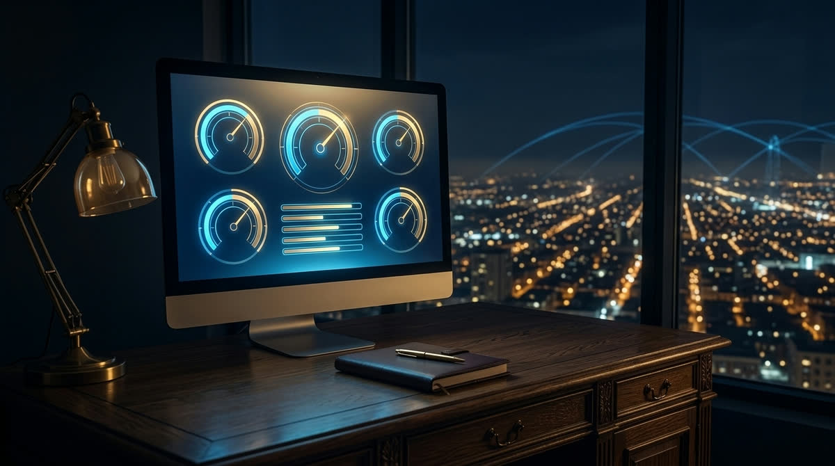 AI readiness scorecard on an office monitor at night, with glowing gauges and bars for a small business assessment