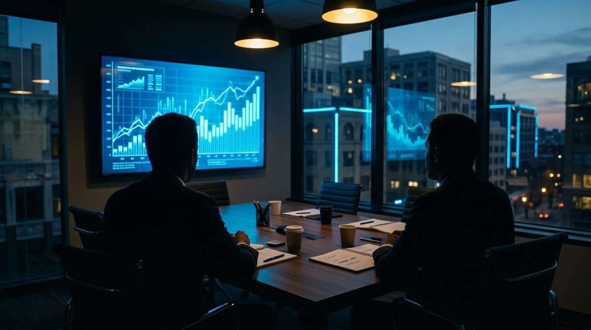 AI consultant results meeting: a small business team looking at rising performance charts on a wall screen at dusk