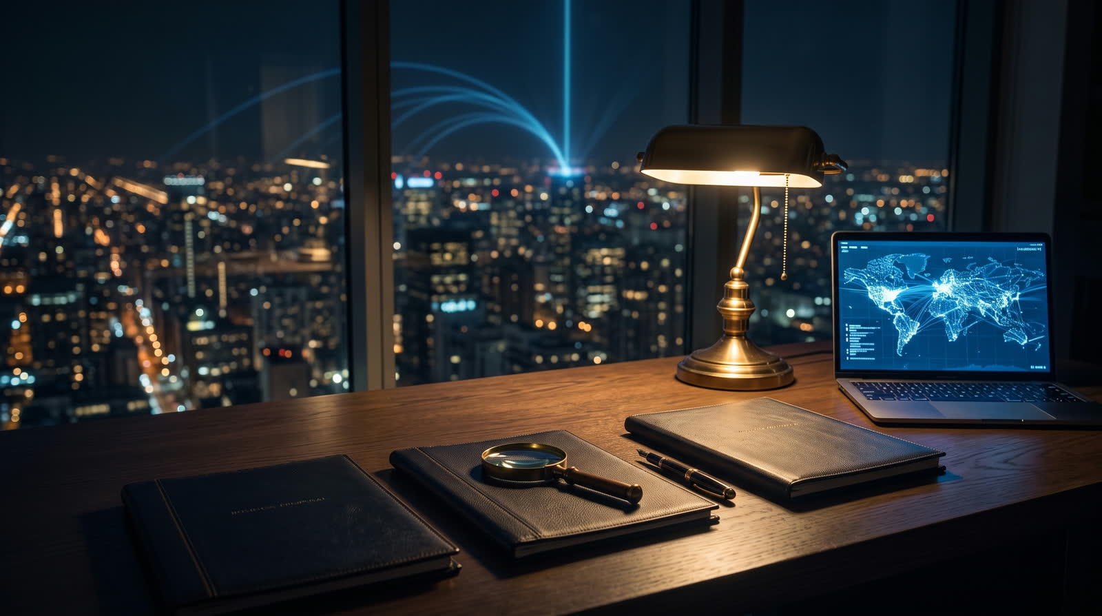 Choosing a generative engine optimization agency: three agency proposals on a desk at night with a magnifying glass on one