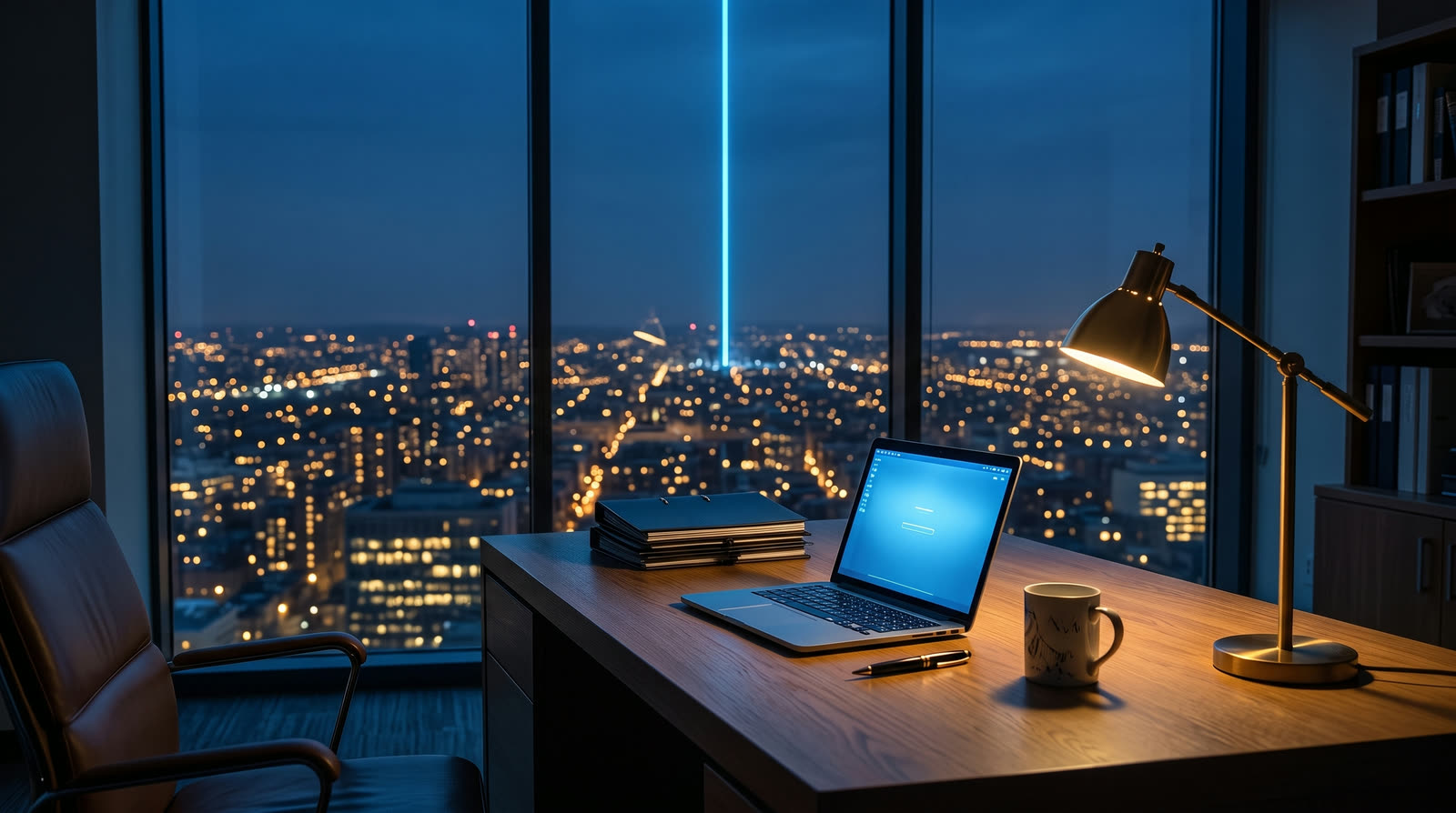 A small business office after hours, with an open laptop, paperwork and a brass desk lamp on an oak desk in front of a window over the city lights