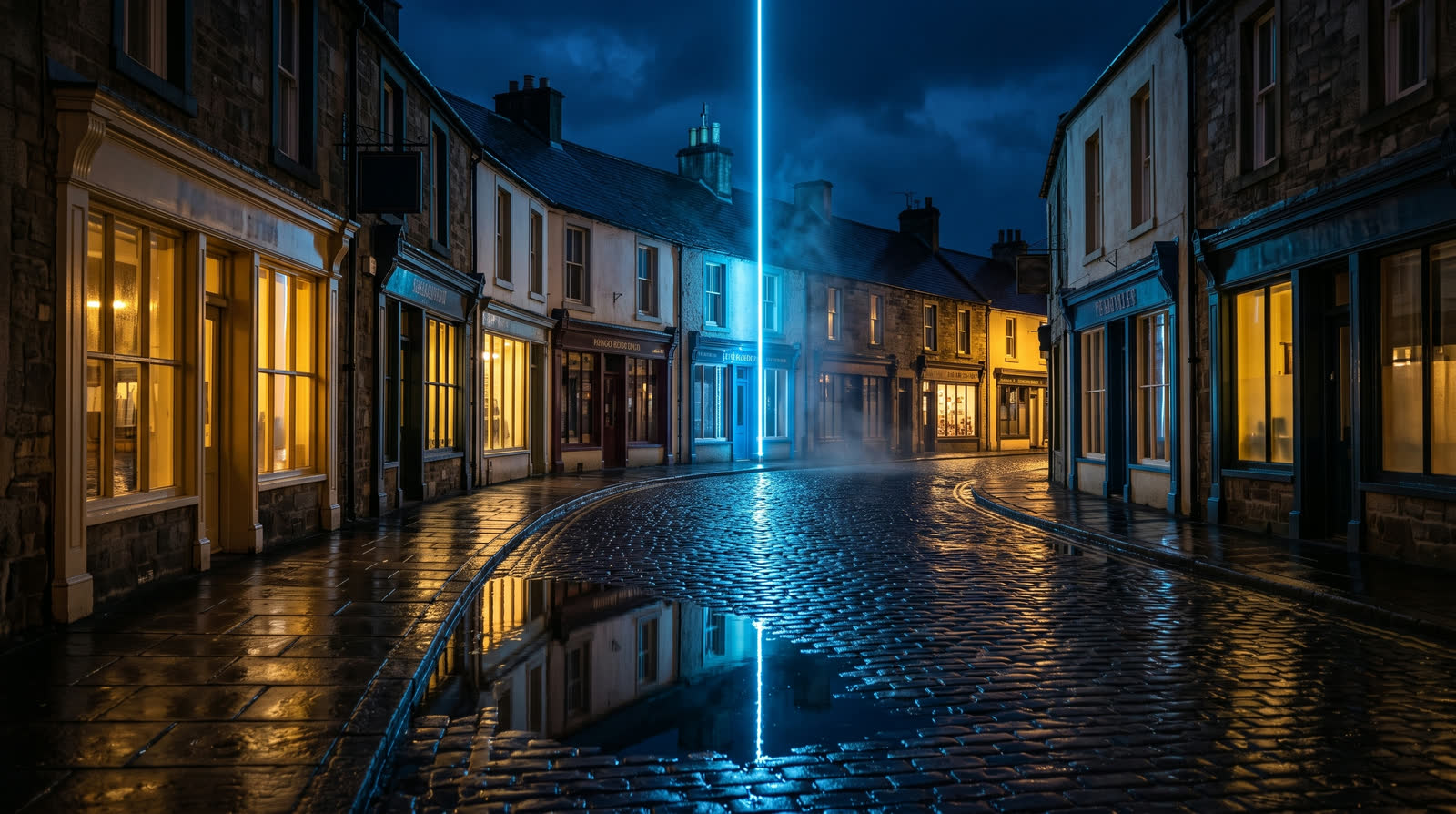 Best AI consultants for small businesses in Ireland: a small town main street at night after rain, one shopfront lit by a blue beam of light