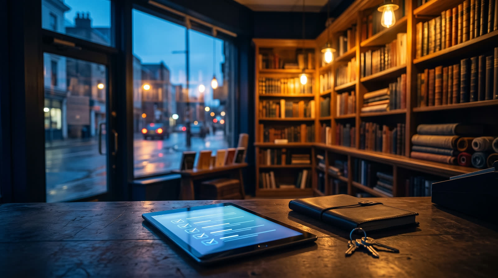 AI readiness assessment for small business: a tablet with a ticked checklist glowing on a shop counter after closing time