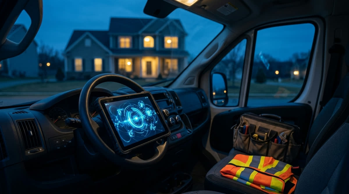 Tablet glowing in a tradesperson's van outside a customer's house at dusk: AI tools for trades and small businesses