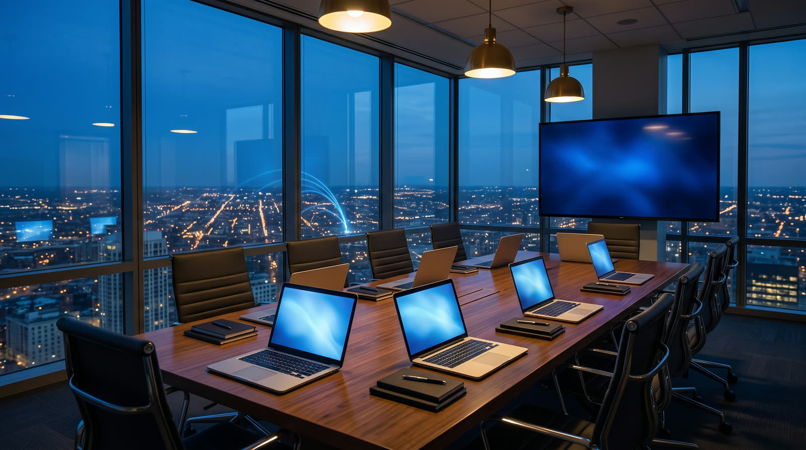 A small training room set up for a workshop at dusk, with open laptops and notebooks along a walnut table and a glowing wall screen