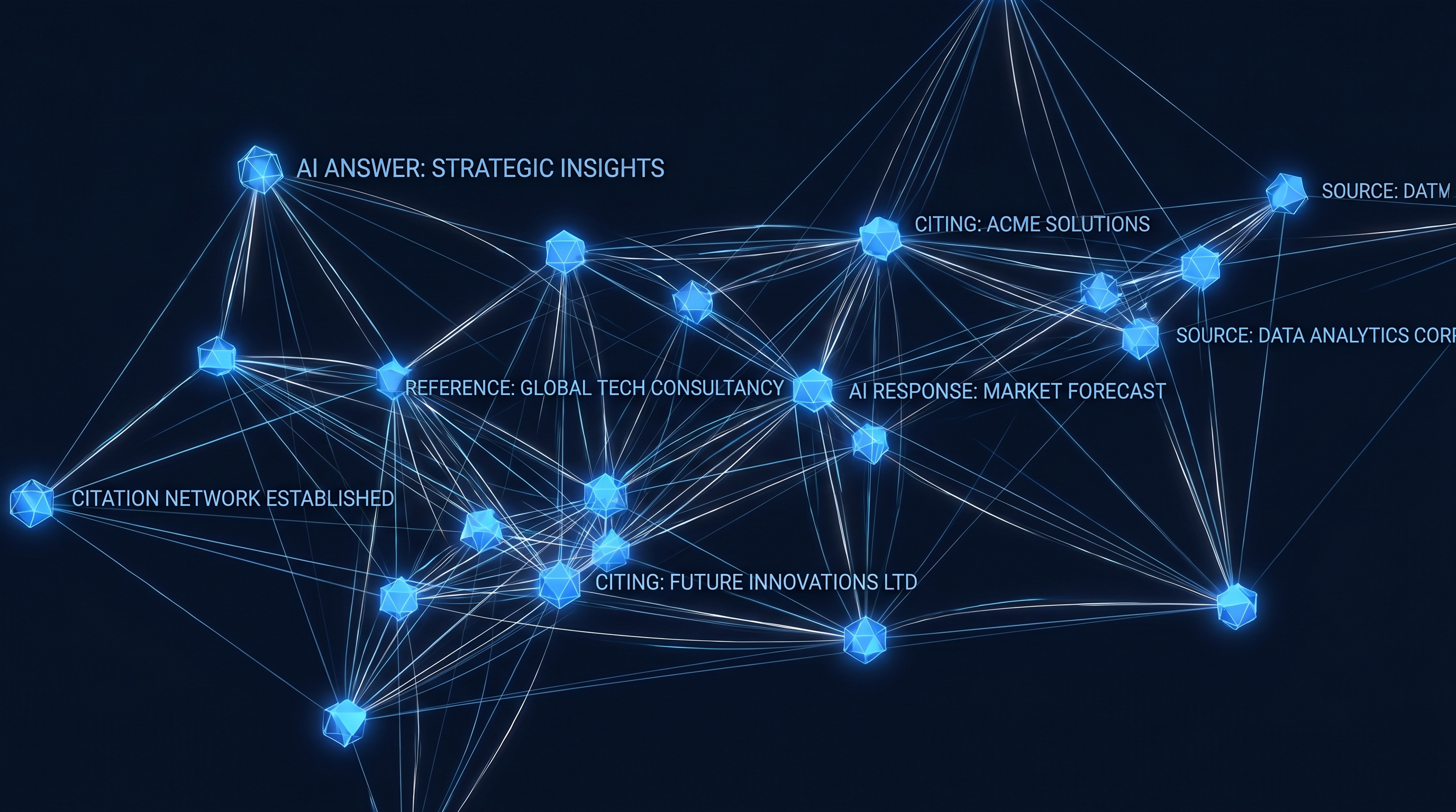 Abstract visualisation of an AI citation network with glowing blue nodes on a dark navy background, representing how businesses get cited in AI search results