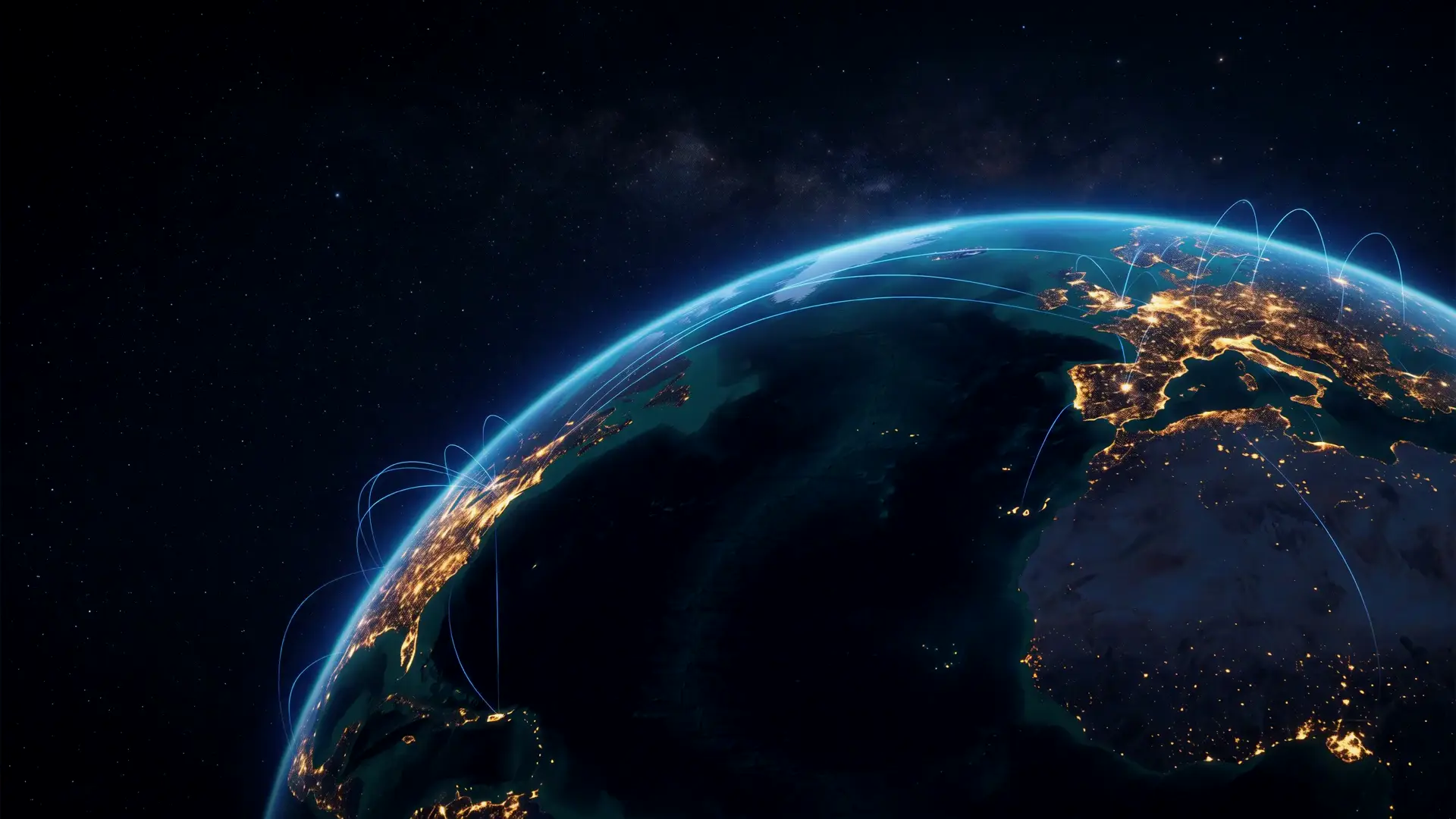Earth at night from orbit, with thin blue lines of light arcing between cities across the Atlantic