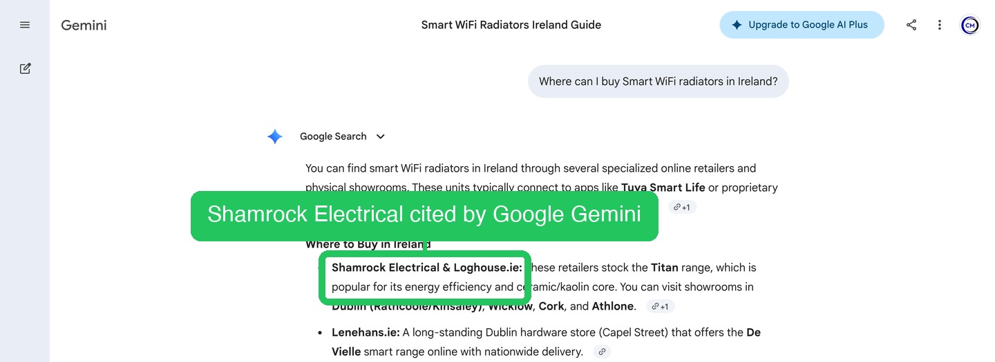 Google Gemini answer to 'Where can I buy Smart WiFi radiators in Ireland?' listing Shamrock Electrical first