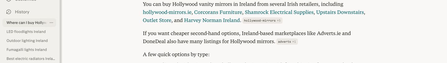 Perplexity answer to 'Where can I buy Hollywood vanity mirrors in Ireland?' naming Shamrock Electrical