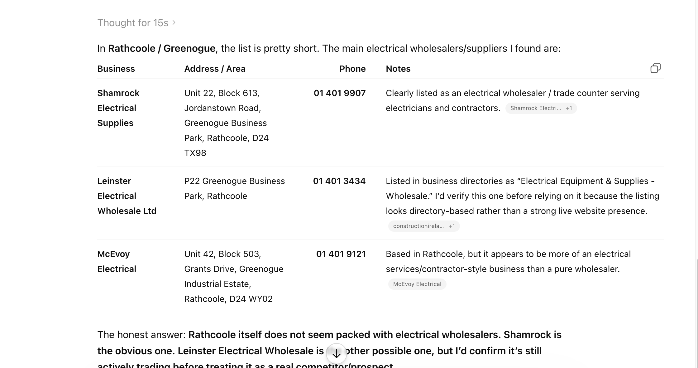 ChatGPT search result for 'electrical wholesalers near me' recommending Shamrock Electrical