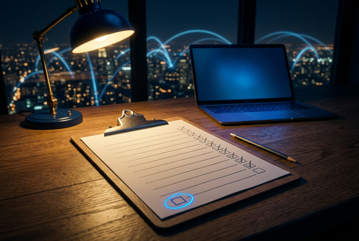 AI readiness checklist for small business on a clipboard at night, twelve items scored with ticks and the total circled in blue