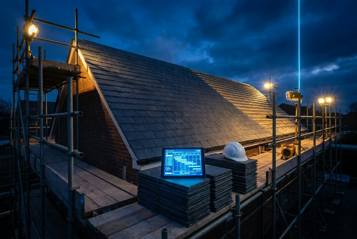 AI for roofing and construction companies: a tablet showing the crew schedule on scaffolding beside a half-slated roof at dusk